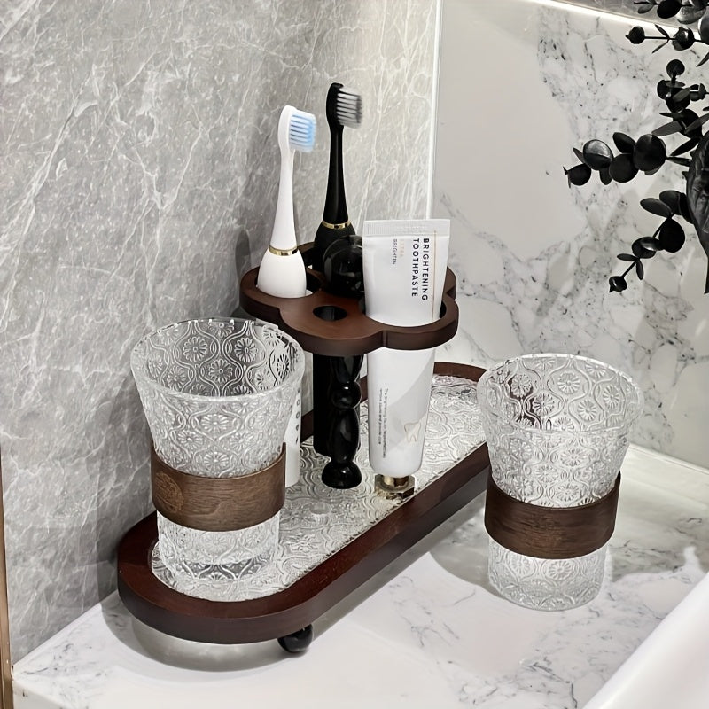 Vintage Marble-Style Bathroom Organizer with Toothbrush Holder, Toothpaste Dispenser & Mouthwash Cup - Freestanding Floor-Mounted Storage Rack for Bathroom Sink, Toilet - Durable Plastic Construction, Space-saving Design, Easy Installation