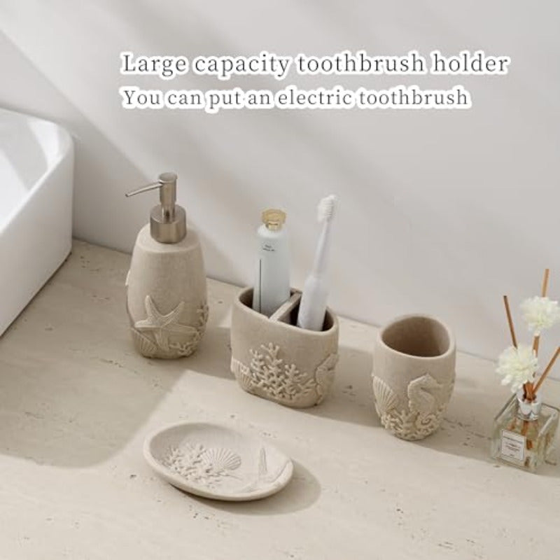 Bathroom Accessories Set 6 PCS Bathroom Accessory Sets with 3pcs Soap Dispenser Toothbrush Holder Tumbler Soap Dish Bathroom Countertop Organizer Sea Bathroom Decor Beige