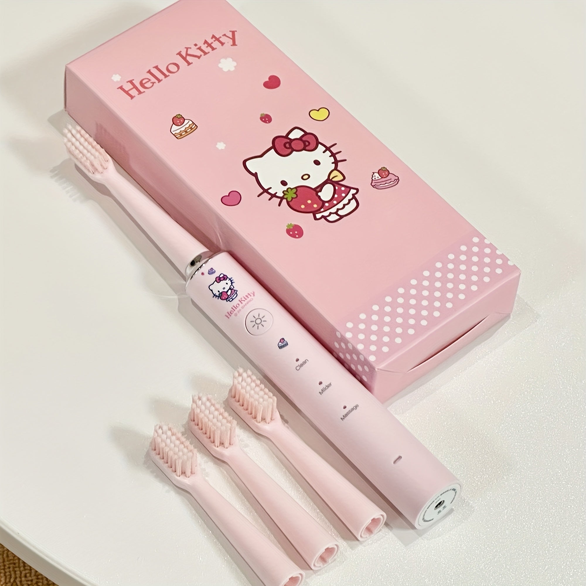 Sanrio Hellokitty Electric Toothbrush, 3 Replacement Brush Heads, 4 Cleaning Modes and 4 Intensity Levels, 2-Minute Timed Portable Packaging, Cute Design Suitable for Adult Girls' Birthday, Graduation, Christmas Gift