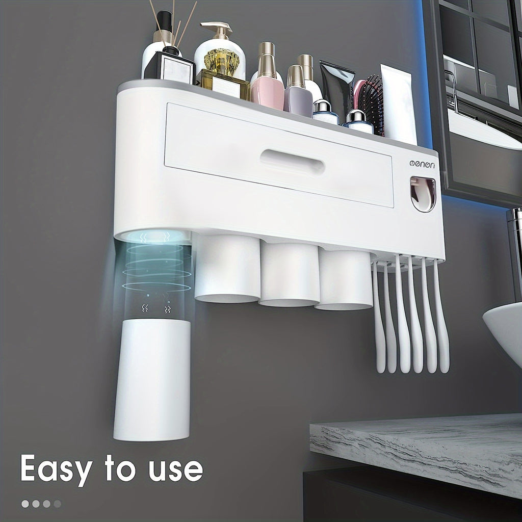 Wall-Mounted Toothbrush Holder with 4 Cups, Large Capacity Tray & 2 Cosmetic Drawers - Includes Toothpaste Dispenser - Space-Saving Bathroom Organizer Set