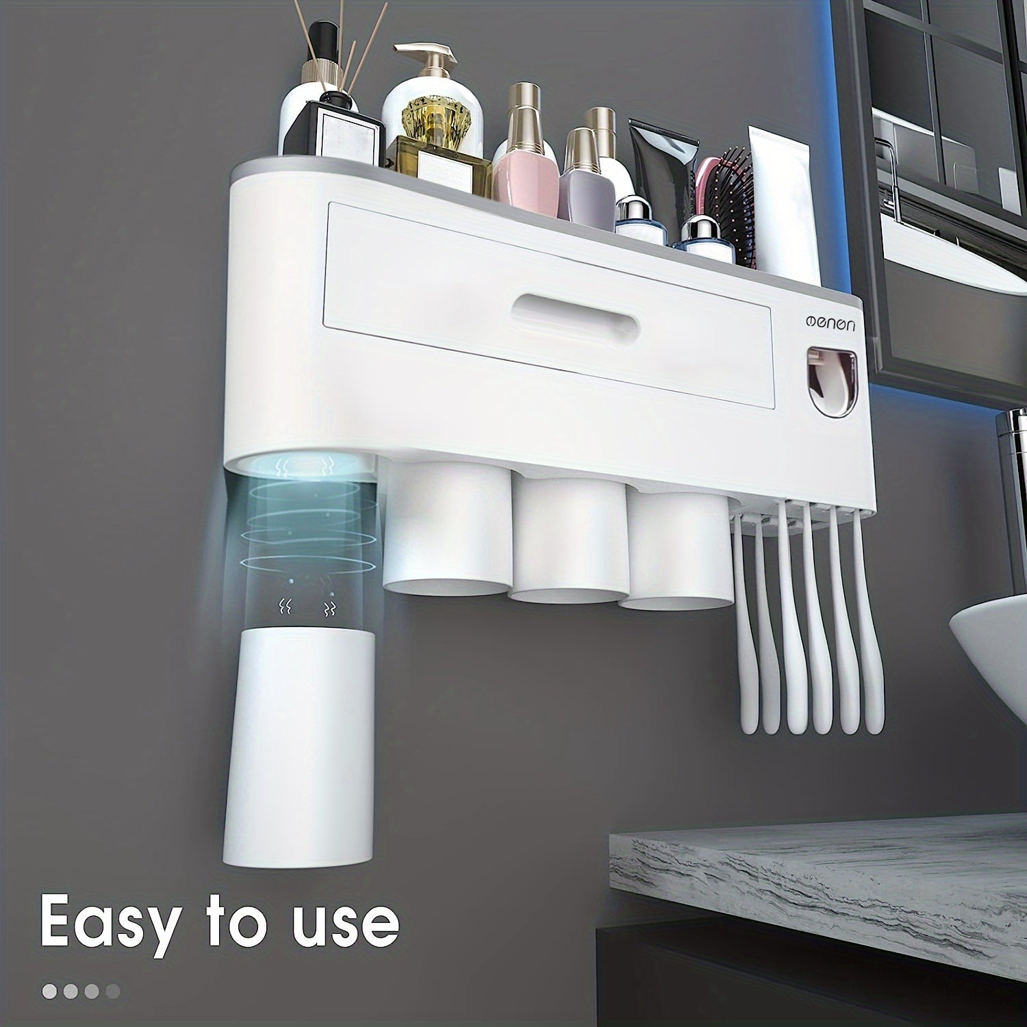 Wall-Mounted Toothbrush Holder with 4 Cups, Large Capacity Tray & 2 Cosmetic Drawers - Includes Toothpaste Dispenser - Space-Saving Bathroom Organizer Set