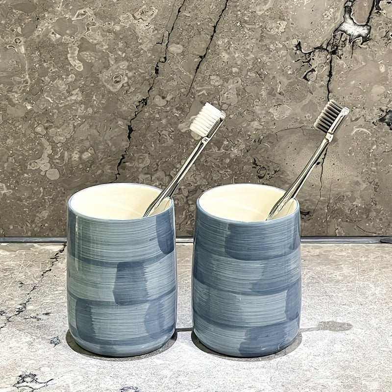 Blue Plaid Texture Ceramic, Ceramic Mouthwash Cup Bathroom Accessories, Suitable for Home and Hotel Cute Style