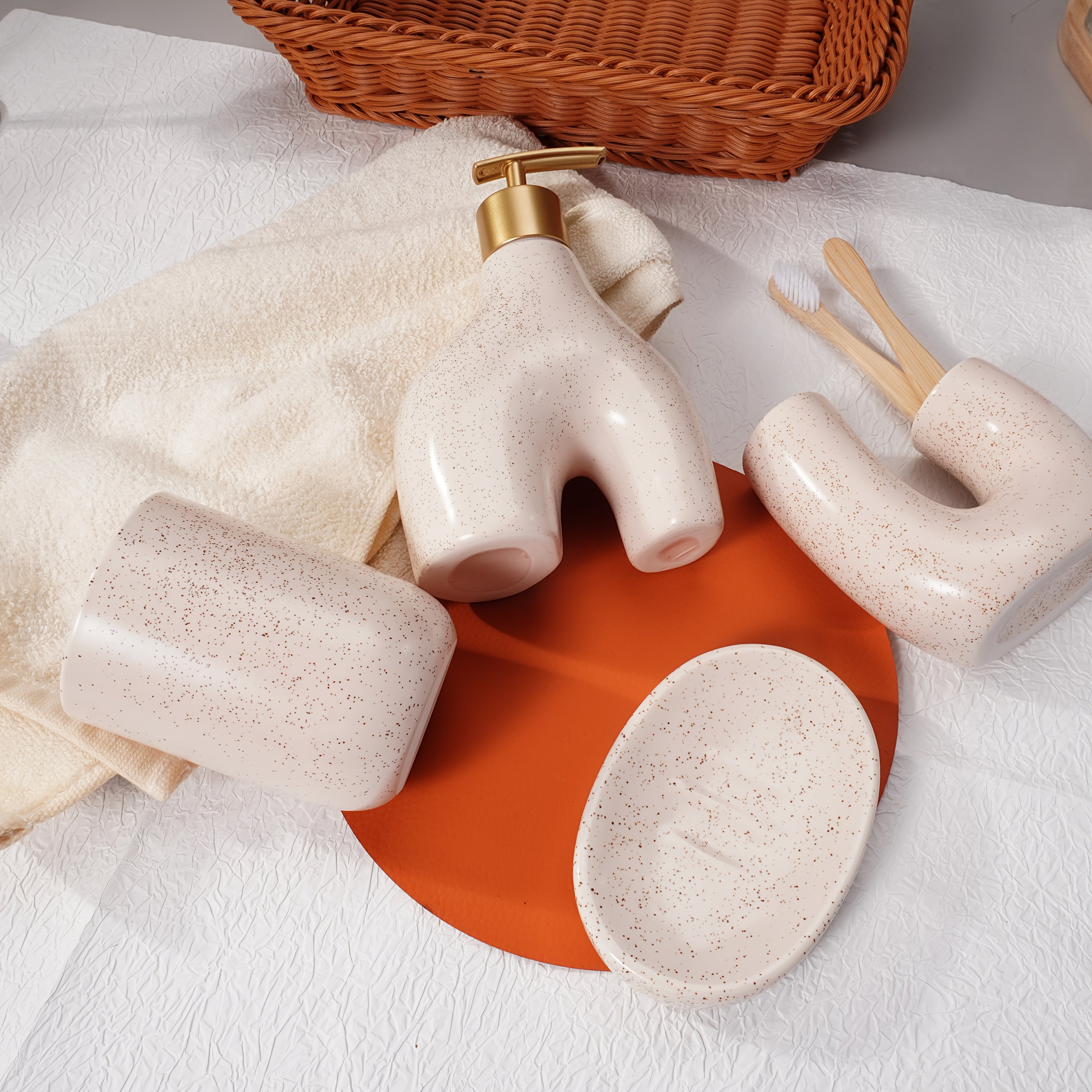 Texture Accessories 4pcs Beige Sandstone Ceramic Bathroom Set | Soap Dispenser, Toothbrush Holder, Tumbler, Soap Dish | Modern Minimalist Countertop Decor