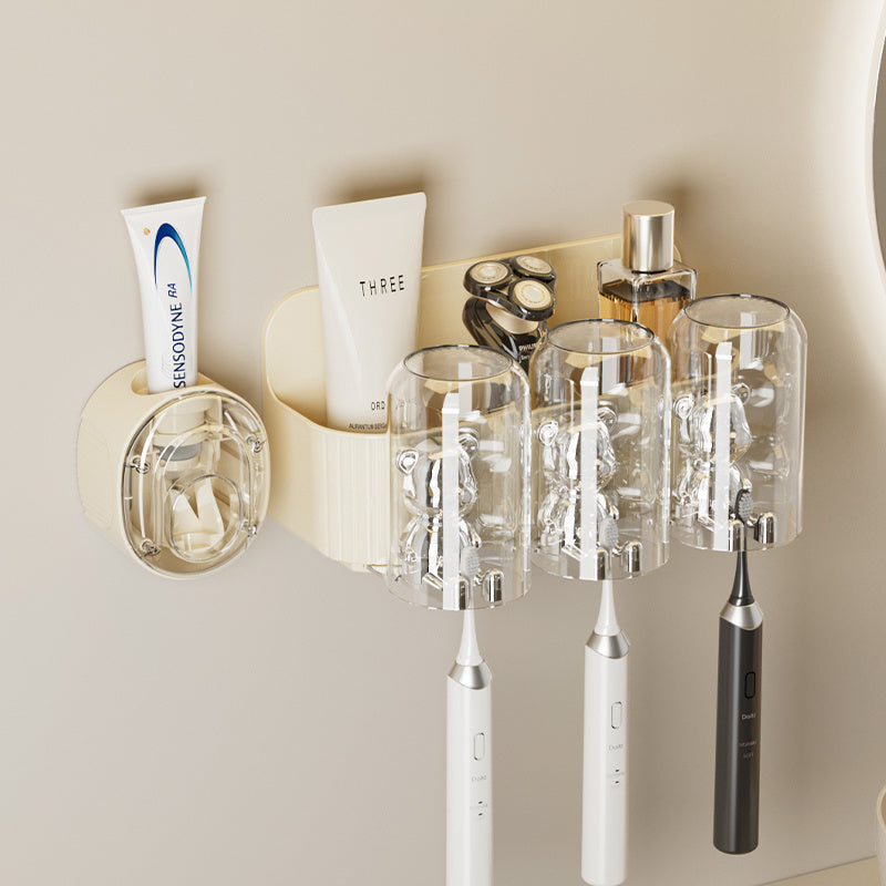 UFORU Bear Toothbrush Holder with Automatic Toothpaste Dispenser & Mouthwash Cup Rack - No Drill Adhesive Wall-Mounted Bathroom Organizer, Punch-Free Installation, Cute ' Hygiene Storage (Plastic)