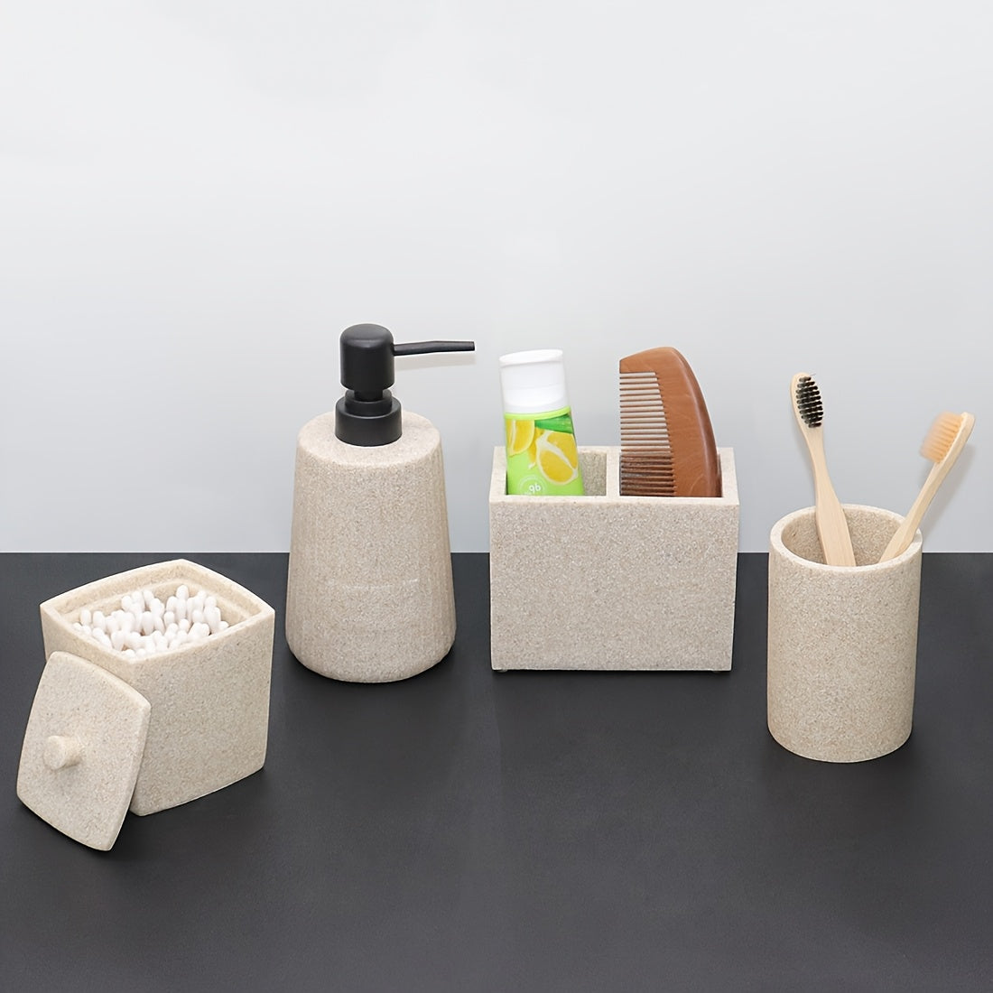 Bathroom Supplies Organizer • Including Lotion Dispensers • Toothbrush Cups • Storage Boxes for Swabs • Toothbrushes • Toothpaste • Combs • And Hand Soap Containers