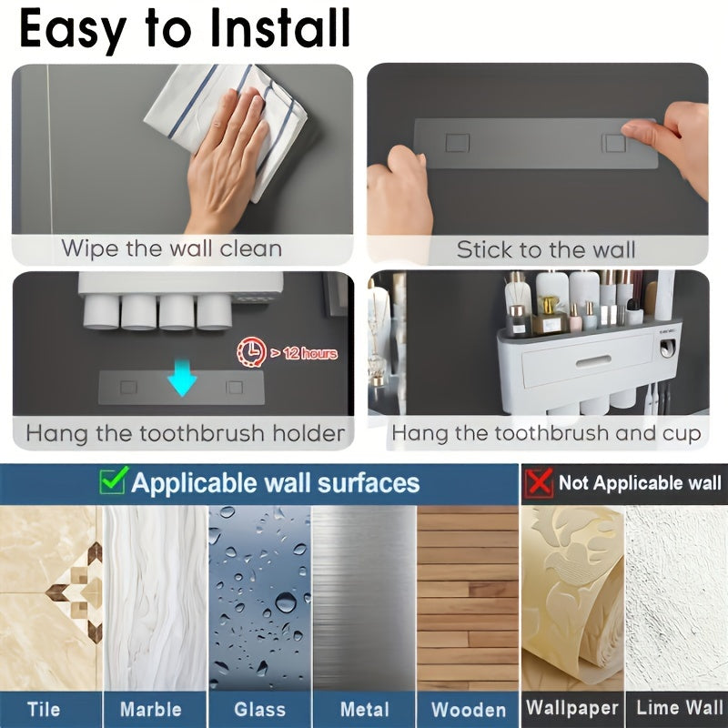 Wall-Mounted Toothbrush Holder with 4 Cups, Large Capacity Tray & 2 Cosmetic Drawers - Includes Toothpaste Dispenser - Space-Saving Bathroom Organizer Set