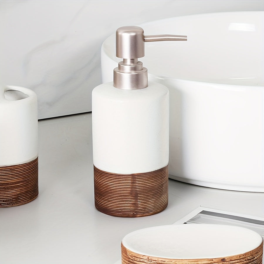 A Set of 4 Ceramic Bathroom Additions, Including a Lotion Dispenser, Soap Dish, Mouthwash Cup, And Toothbrush Holder for Home And Hotel Decoration