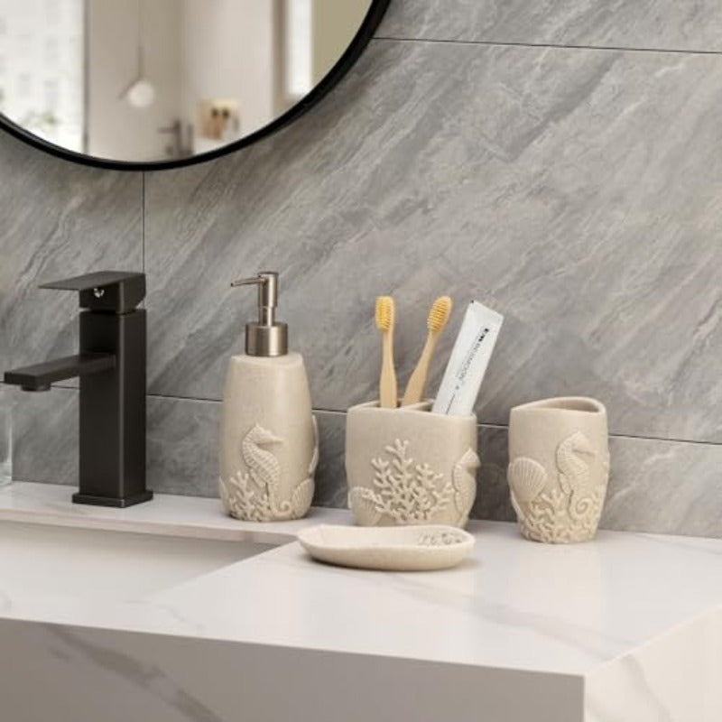 Bathroom Accessories Set 6 PCS Bathroom Accessory Sets with 3pcs Soap Dispenser Toothbrush Holder Tumbler Soap Dish Bathroom Countertop Organizer Sea Bathroom Decor Beige