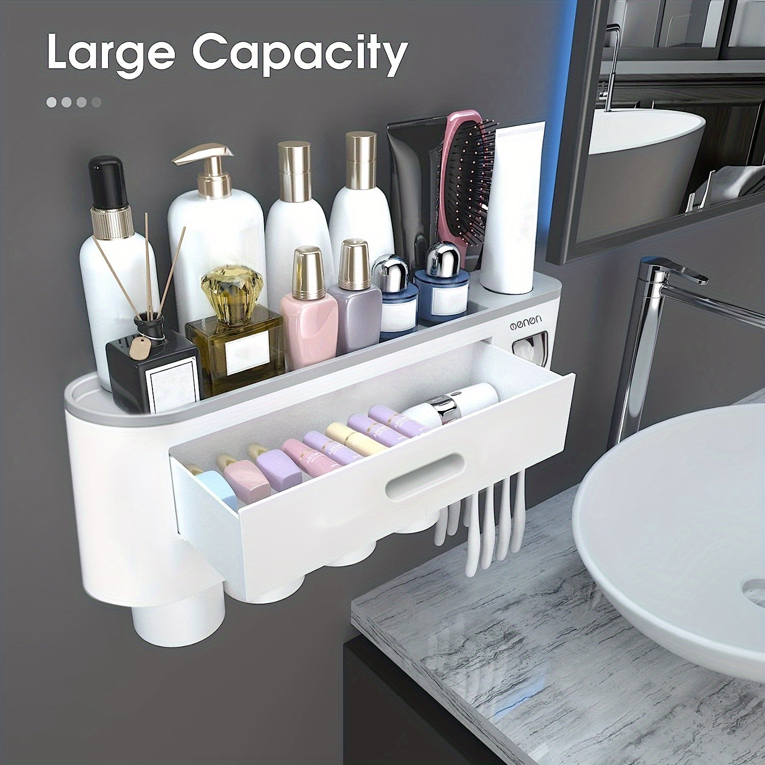 Wall-Mounted Toothbrush Holder with 4 Cups, Large Capacity Tray & 2 Cosmetic Drawers - Includes Toothpaste Dispenser - Space-Saving Bathroom Organizer Set