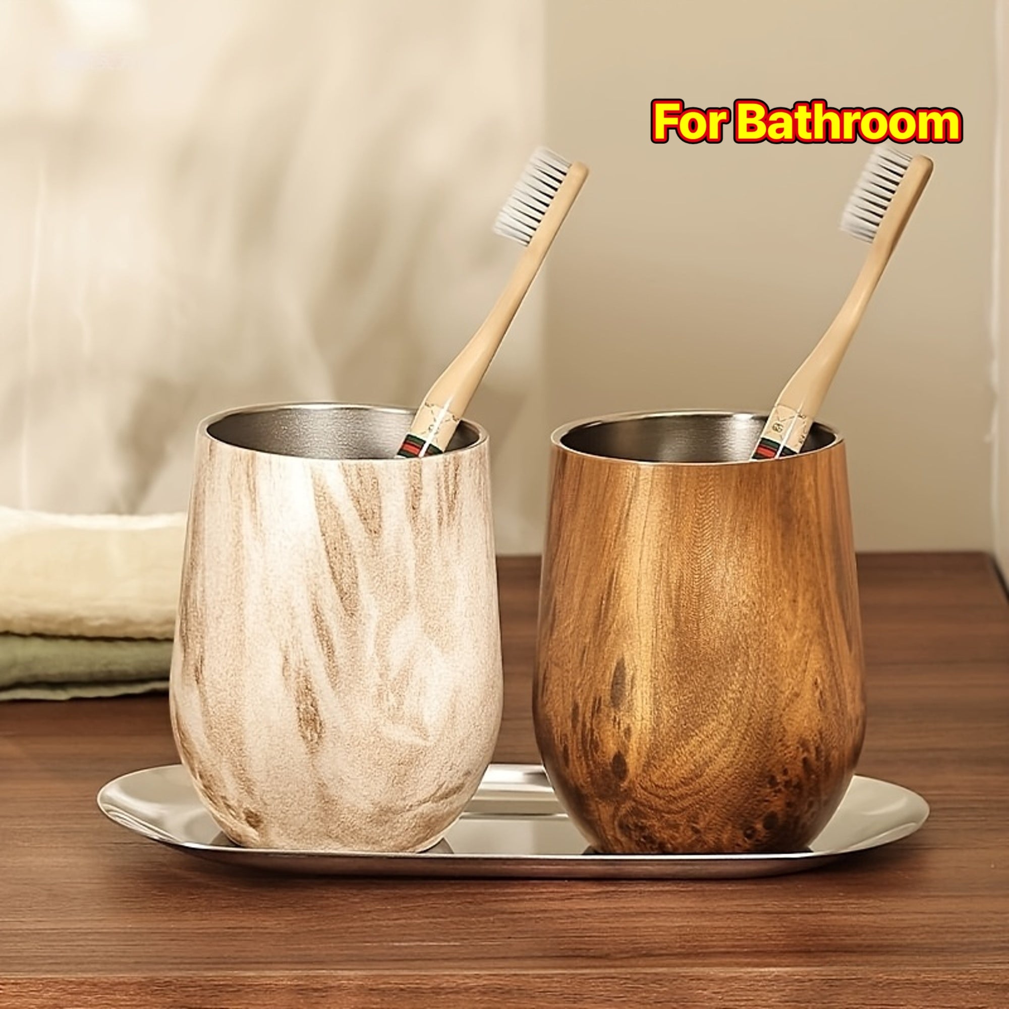1\u002F3pcs Vintage Stainless Steel Mouthwash Cup and Toothbrush Holder Set | Durable, Elegant Design, Includes Cup and Tray, Suitable for Home, Hotel, or Dormitory Bathrooms, No Needed, Essential Bathroom Accessory