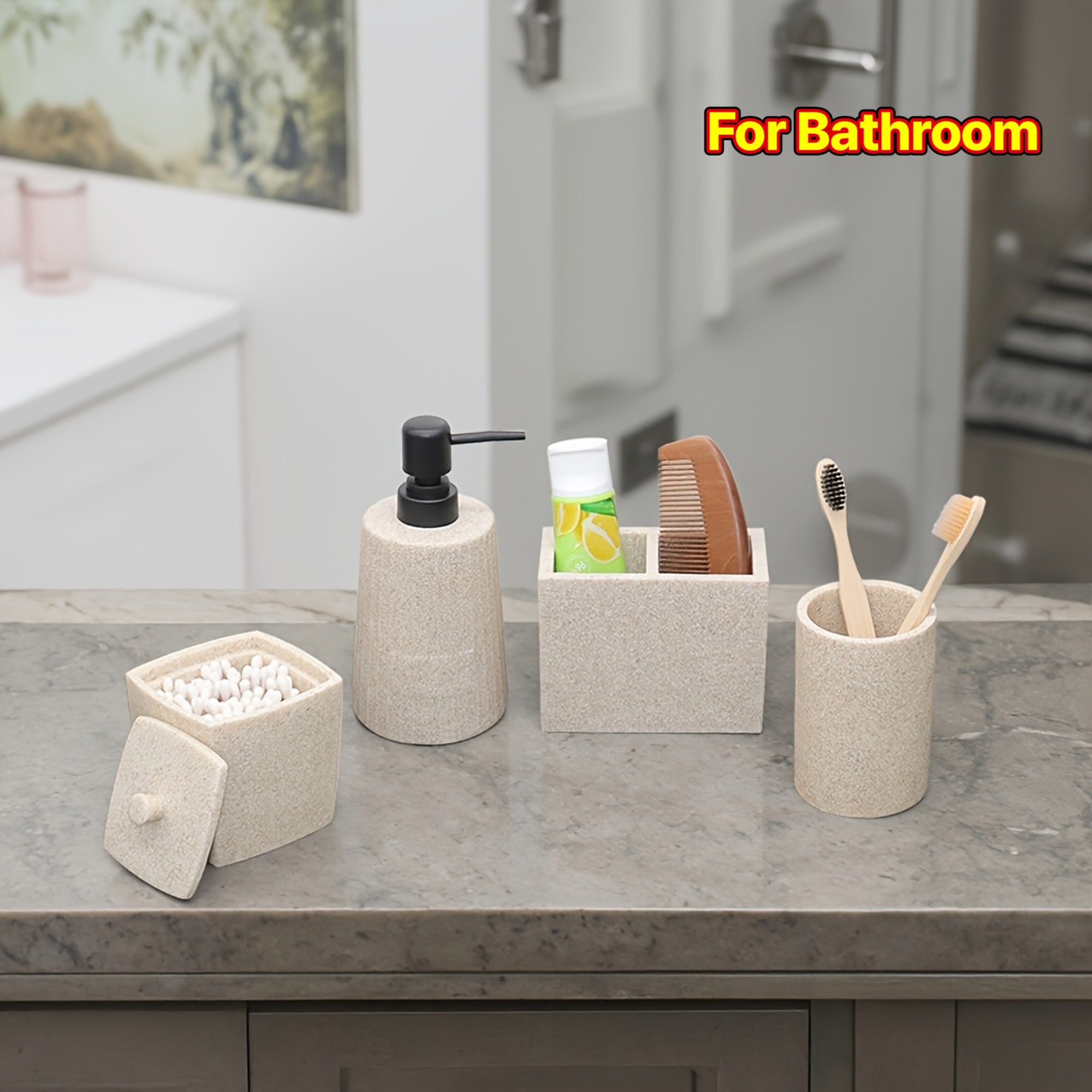 Bathroom Supplies Organizer • Including Lotion Dispensers • Toothbrush Cups • Storage Boxes for Swabs • Toothbrushes • Toothpaste • Combs • And Hand Soap Containers