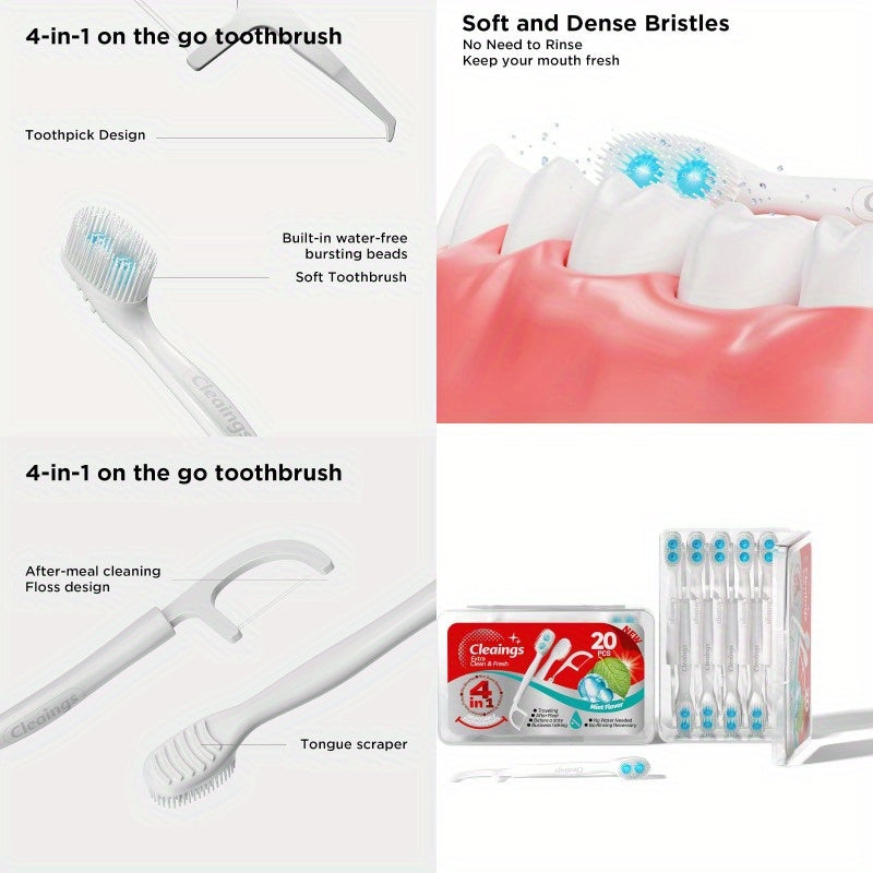 Cleaings Disposable Toothbrushes with Toothpaste 4in1 Travel Toothbrushes Builtin Tongue Scraper Floss Picks for OnTheGo Camping Work Mint, Toothbrush with Cover, Camping Toothbrush, Toothbrush Hard, Soft Toothbrush, Hard Toothbrush, Portable Dental