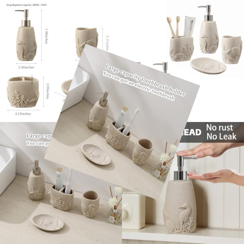 Bathroom Accessories Set 6 PCS Bathroom Accessory Sets with 3pcs Soap Dispenser Toothbrush Holder Tumbler Soap Dish Bathroom Countertop Organizer Sea Bathroom Decor Beige