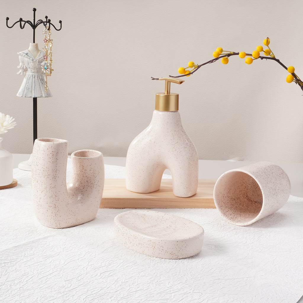 Texture Accessories 4pcs Beige Sandstone Ceramic Bathroom Set | Soap Dispenser, Toothbrush Holder, Tumbler, Soap Dish | Modern Minimalist Countertop Decor