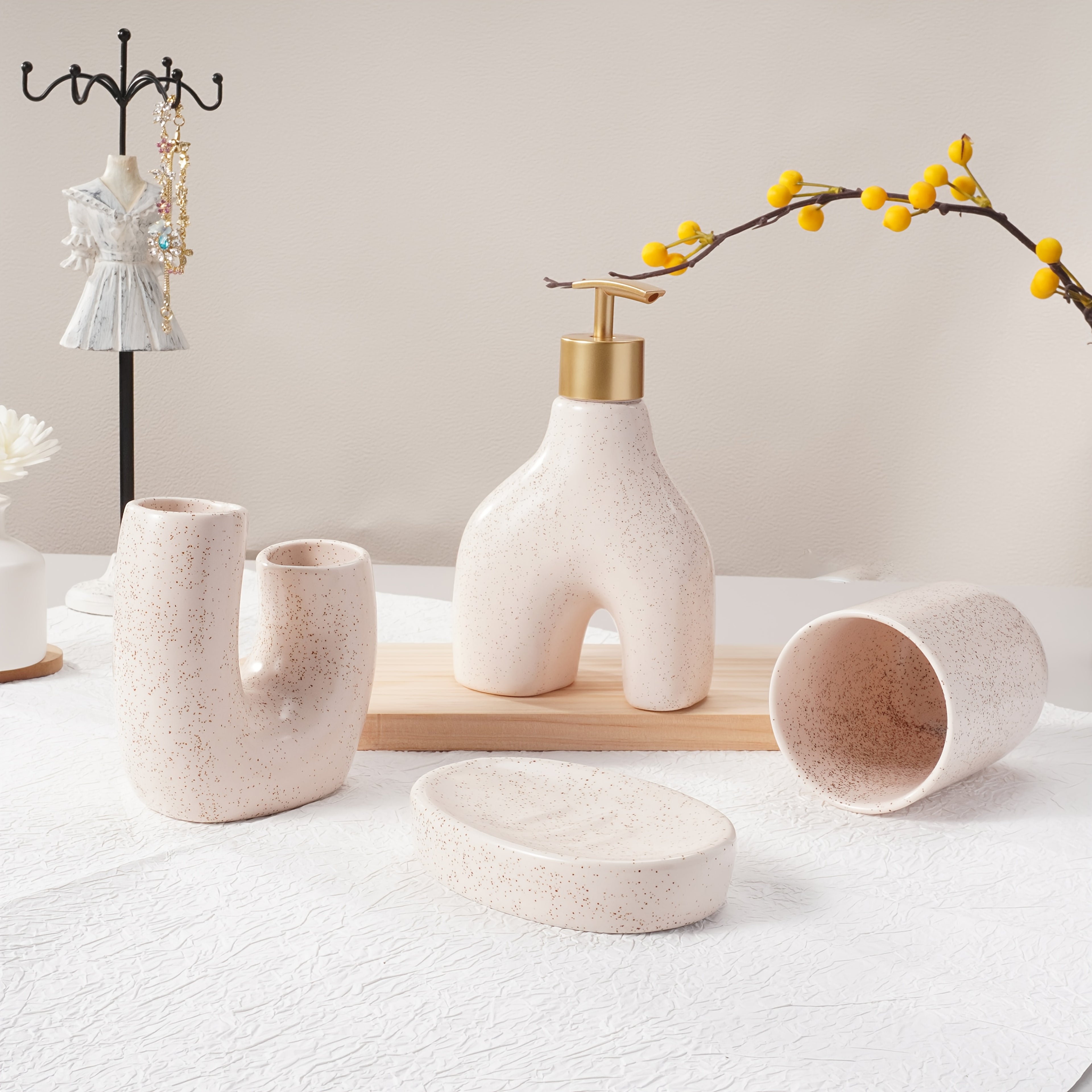 Texture Accessories 4pcs Beige Sandstone Ceramic Bathroom Set | Soap Dispenser, Toothbrush Holder, Tumbler, Soap Dish | Modern Minimalist Countertop Decor