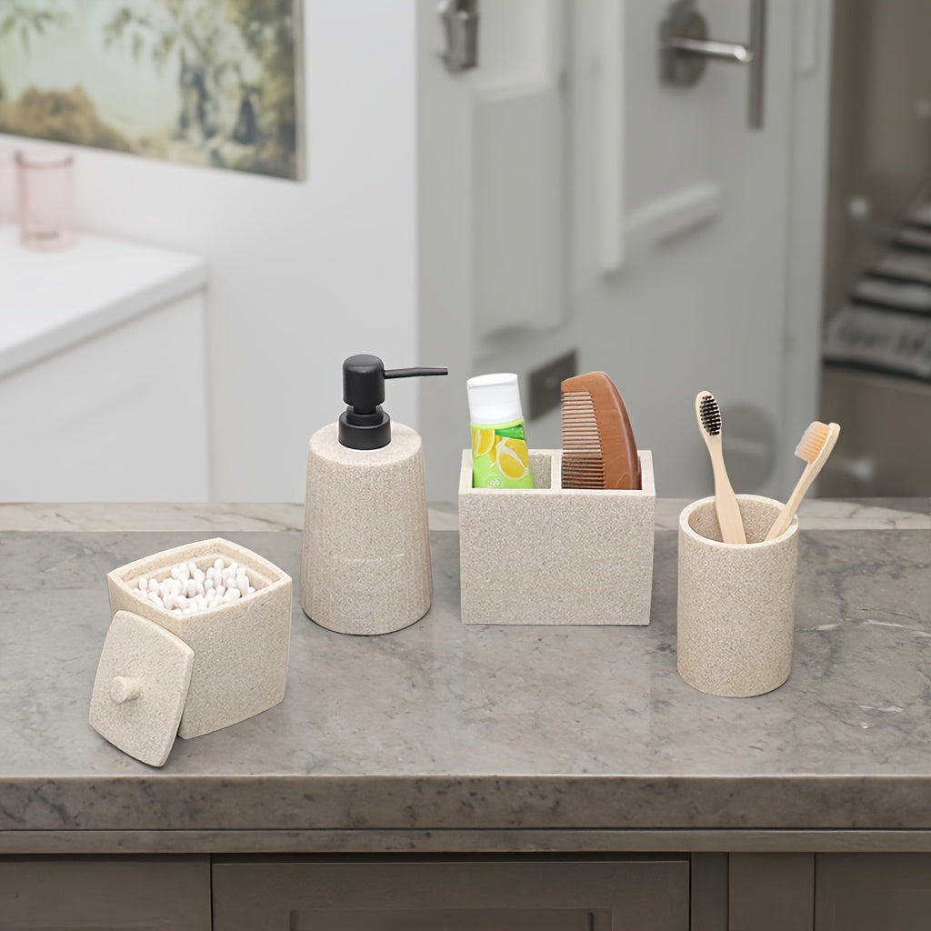 Bathroom Supplies Organizer • Including Lotion Dispensers • Toothbrush Cups • Storage Boxes for Swabs • Toothbrushes • Toothpaste • Combs • And Hand Soap Containers