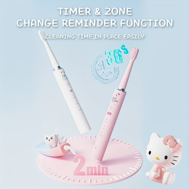 Sanrio Hellokitty Electric Toothbrush, 3 Replacement Brush Heads, 4 Cleaning Modes and 4 Intensity Levels, 2-Minute Timed Portable Packaging, Cute Design Suitable for Adult Girls' Birthday, Graduation, Christmas Gift