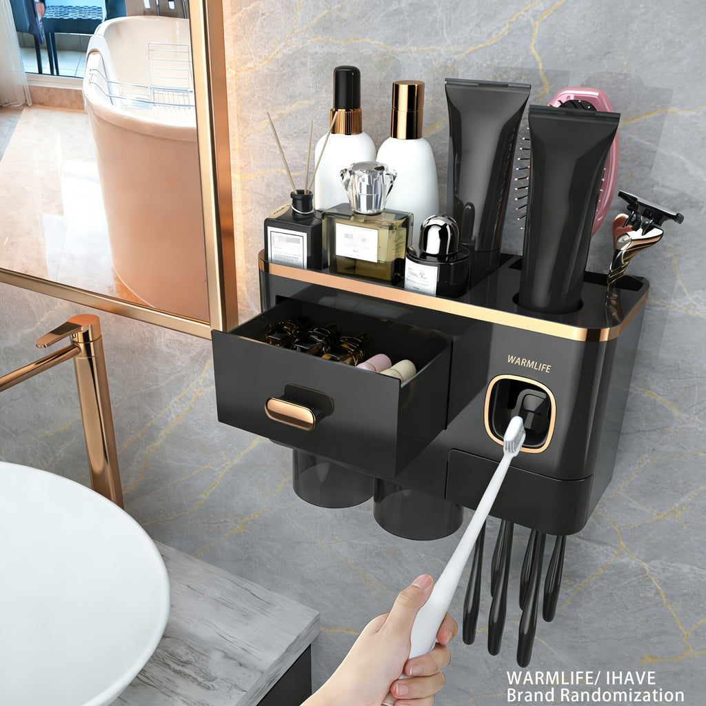 Toothbrush Holders For Bathrooms - Upgrade Wall Mounted Toothbrush Holder With Toothpaste Dispenser - 2\u002F3\u002F4 Cups, Large Capacity Tray, Cosmetic Drawer - Bathroom Decor & Bathroom Accessories