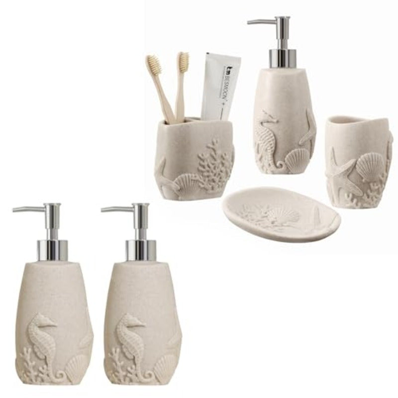 Bathroom Accessories Set 6 PCS Bathroom Accessory Sets with 3pcs Soap Dispenser Toothbrush Holder Tumbler Soap Dish Bathroom Countertop Organizer Sea Bathroom Decor Beige