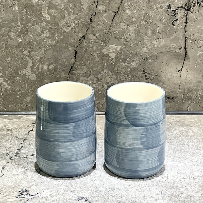 Blue Plaid Texture Ceramic, Ceramic Mouthwash Cup Bathroom Accessories, Suitable for Home and Hotel Cute Style