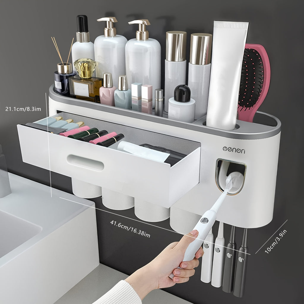Wall-Mounted Toothbrush Holder with 4 Cups, Large Capacity Tray & 2 Cosmetic Drawers - Includes Toothpaste Dispenser - Space-Saving Bathroom Organizer Set