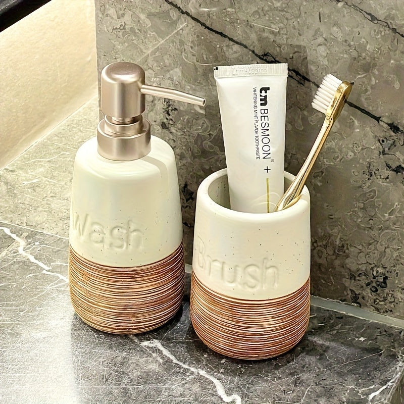 Bathroom Organization and Storage Set: Minimalist Ceramic Soap Dispenser, Smooth Porcelain Toothbrush Cup, Hotel Toilet Shampoo & Shower Gel Empty Bottles, Ceramic Press-Type Hand Soap Dispenser, Printed Brushed Ceramic Toothbrush Cup, Non-Slip