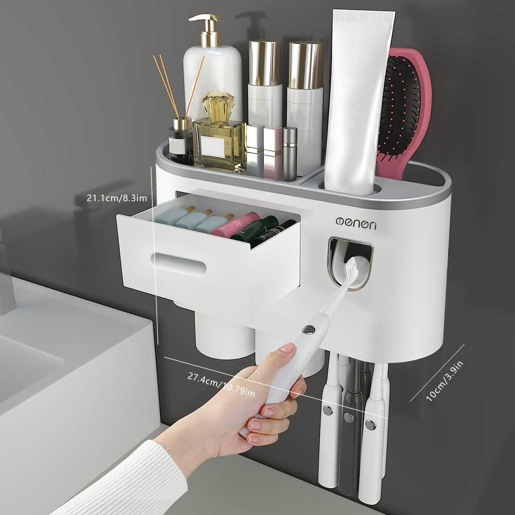 Wall-Mounted Toothbrush Holder with 4 Cups, Large Capacity Tray & 2 Cosmetic Drawers - Includes Toothpaste Dispenser - Space-Saving Bathroom Organizer Set