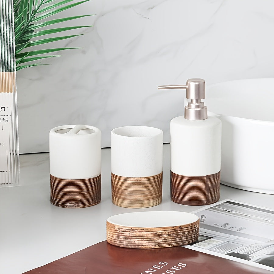 A Set of 4 Ceramic Bathroom Additions, Including a Lotion Dispenser, Soap Dish, Mouthwash Cup, And Toothbrush Holder for Home And Hotel Decoration