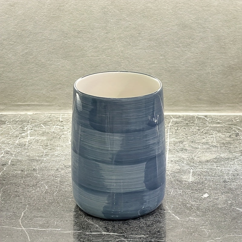 Blue Plaid Texture Ceramic, Ceramic Mouthwash Cup Bathroom Accessories, Suitable for Home and Hotel Cute Style