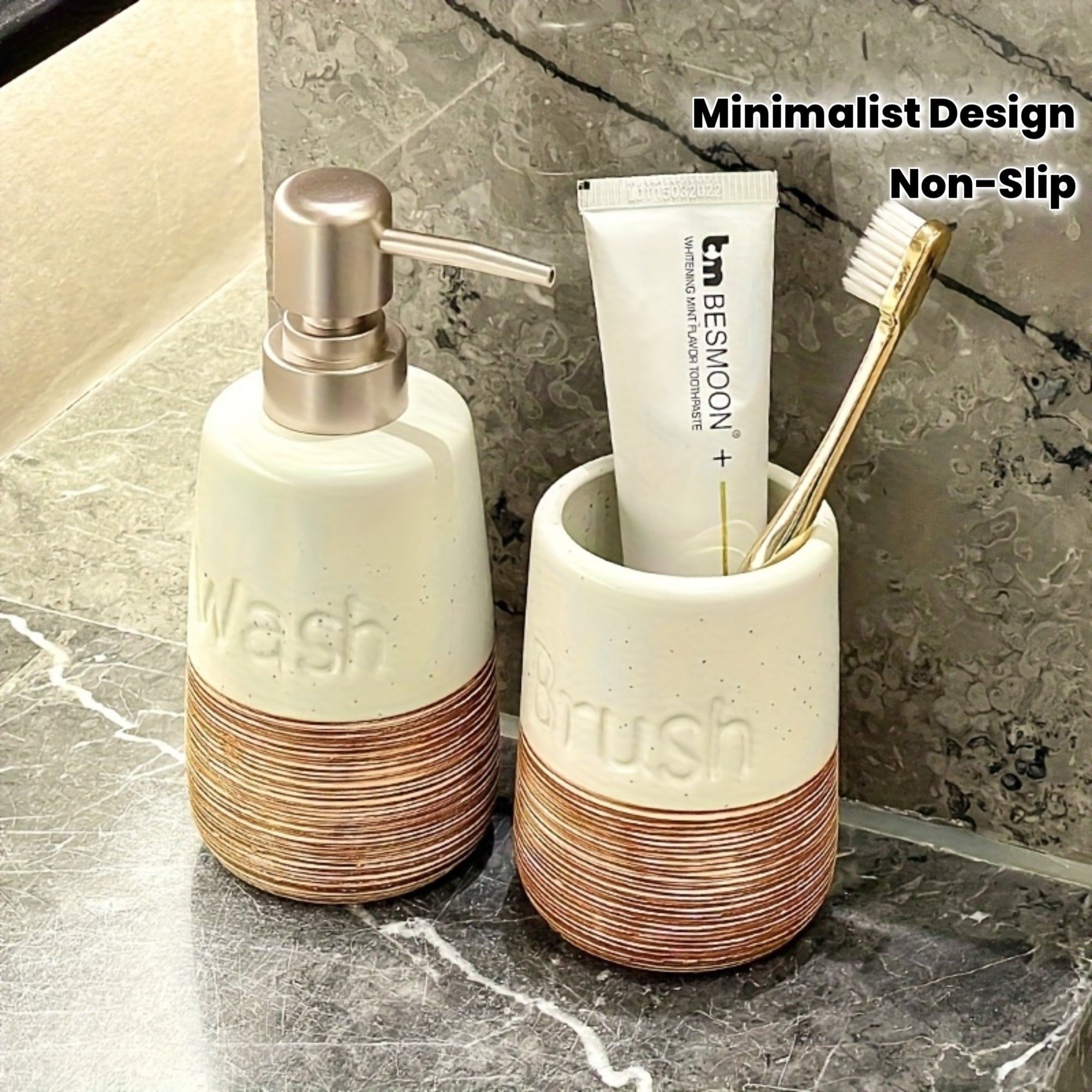 Bathroom Organization and Storage Set: Minimalist Ceramic Soap Dispenser, Smooth Porcelain Toothbrush Cup, Hotel Toilet Shampoo & Shower Gel Empty Bottles, Ceramic Press-Type Hand Soap Dispenser, Printed Brushed Ceramic Toothbrush Cup, Non-Slip