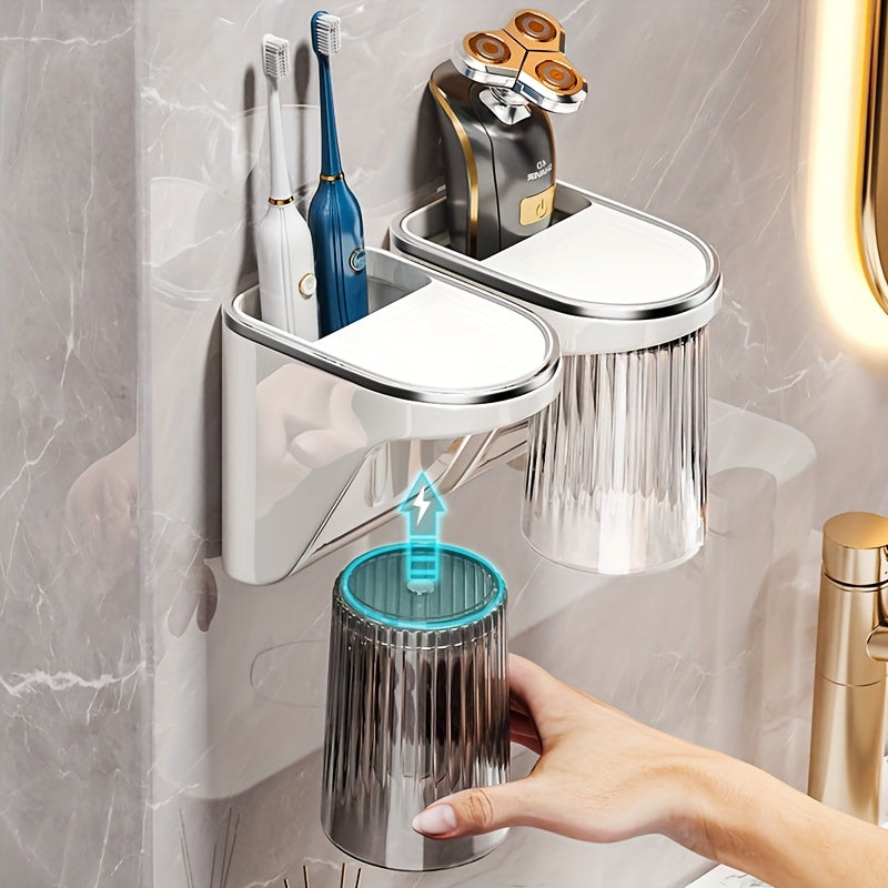 Magnetic Toothbrush Holder Magnetic Wall-Mounted Toothbrush and Toothpaste Holder with Rinse Cup - No Drilling Required, Ideal for Bathroom Organization, Plastic Construction