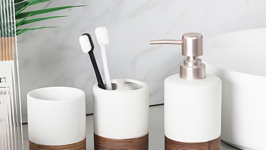 A Set of 4 Ceramic Bathroom Additions, Including a Lotion Dispenser, Soap Dish, Mouthwash Cup, And Toothbrush Holder for Home And Hotel Decoration