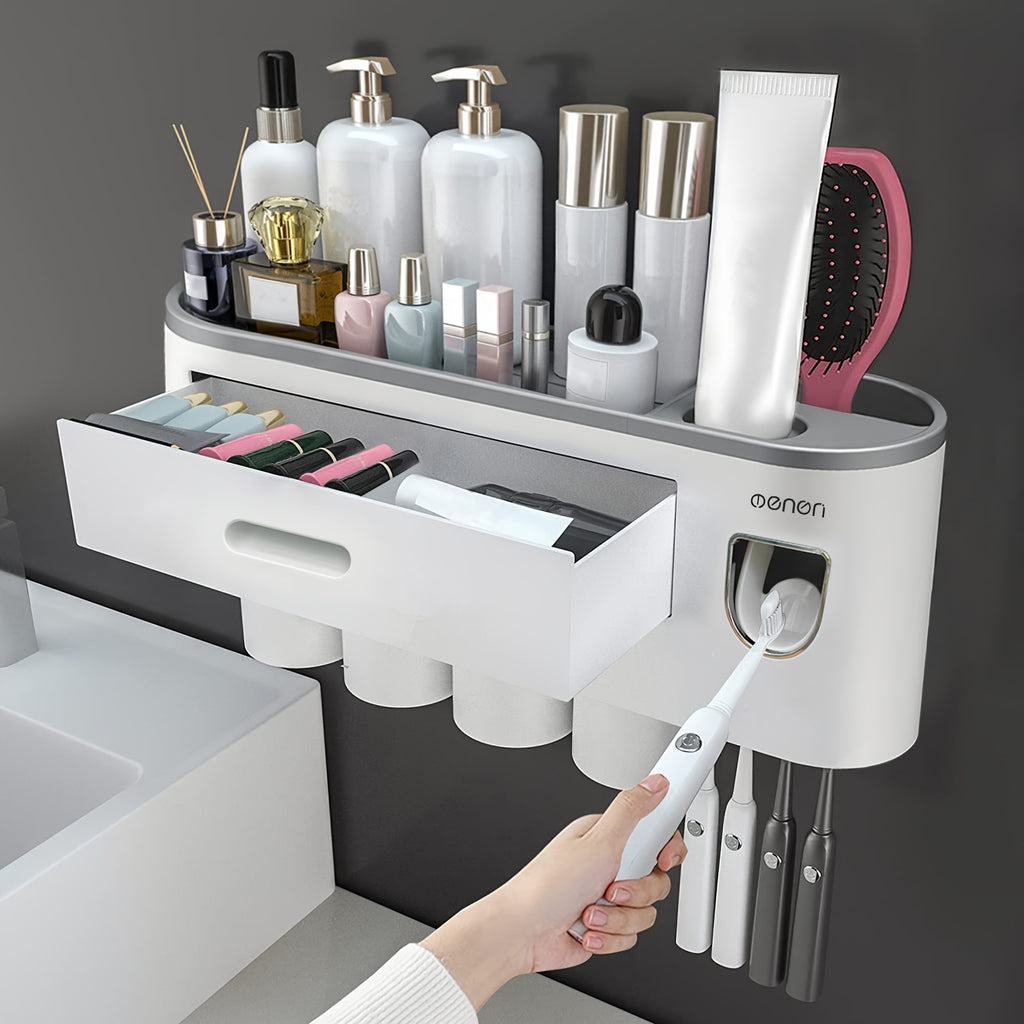 Wall-Mounted Toothbrush Holder with 4 Cups, Large Capacity Tray & 2 Cosmetic Drawers - Includes Toothpaste Dispenser - Space-Saving Bathroom Organizer Set