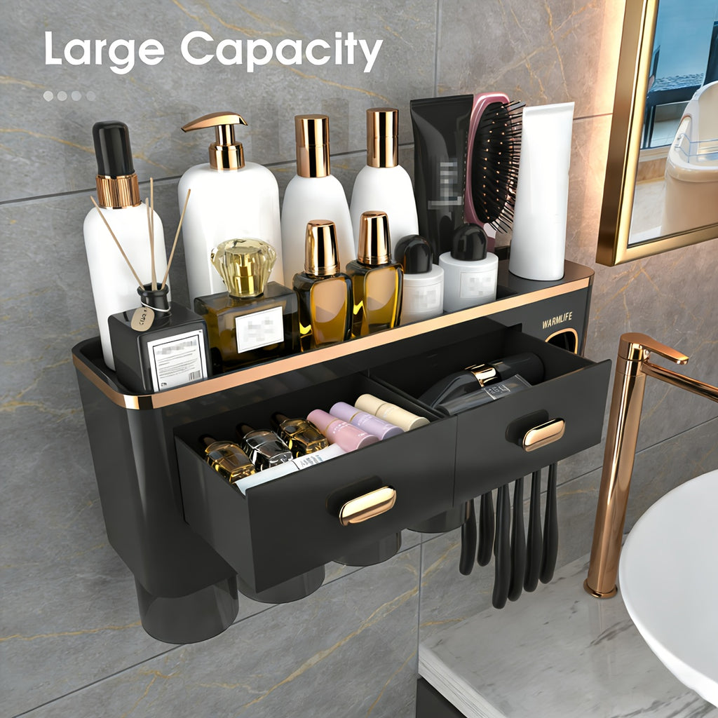 Toothbrush Holders For Bathrooms - Upgrade Wall Mounted Toothbrush Holder With Toothpaste Dispenser - 2\u002F3\u002F4 Cups, Large Capacity Tray, Cosmetic Drawer - Bathroom Decor & Bathroom Accessories