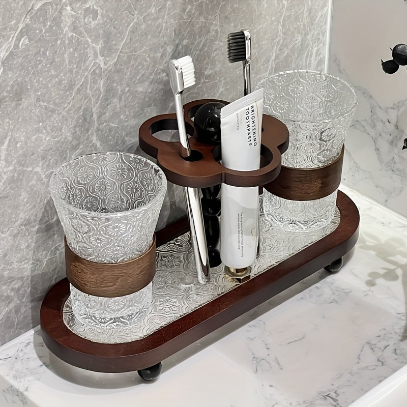 Vintage Marble-Style Bathroom Organizer with Toothbrush Holder, Toothpaste Dispenser & Mouthwash Cup - Freestanding Floor-Mounted Storage Rack for Bathroom Sink, Toilet - Durable Plastic Construction, Space-saving Design, Easy Installation