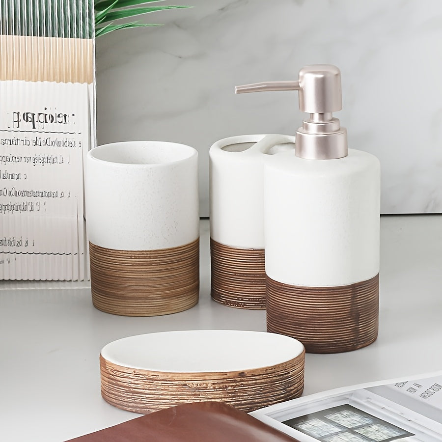 A Set of 4 Ceramic Bathroom Additions, Including a Lotion Dispenser, Soap Dish, Mouthwash Cup, And Toothbrush Holder for Home And Hotel Decoration