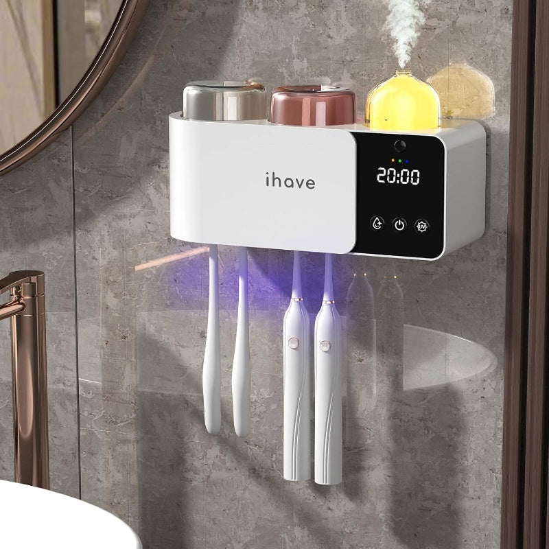 Wall-Mounted Toothbrush Holder with & IR Night Light - 4-Hour Disinfection, UV-Free for \u002FSensitive Light Beige, 2-Cup Bathroom Organizer, Suction Cup\u002FDual Mount, Plug-in (Global Voltage) - Drying Rack Combo Accessory
