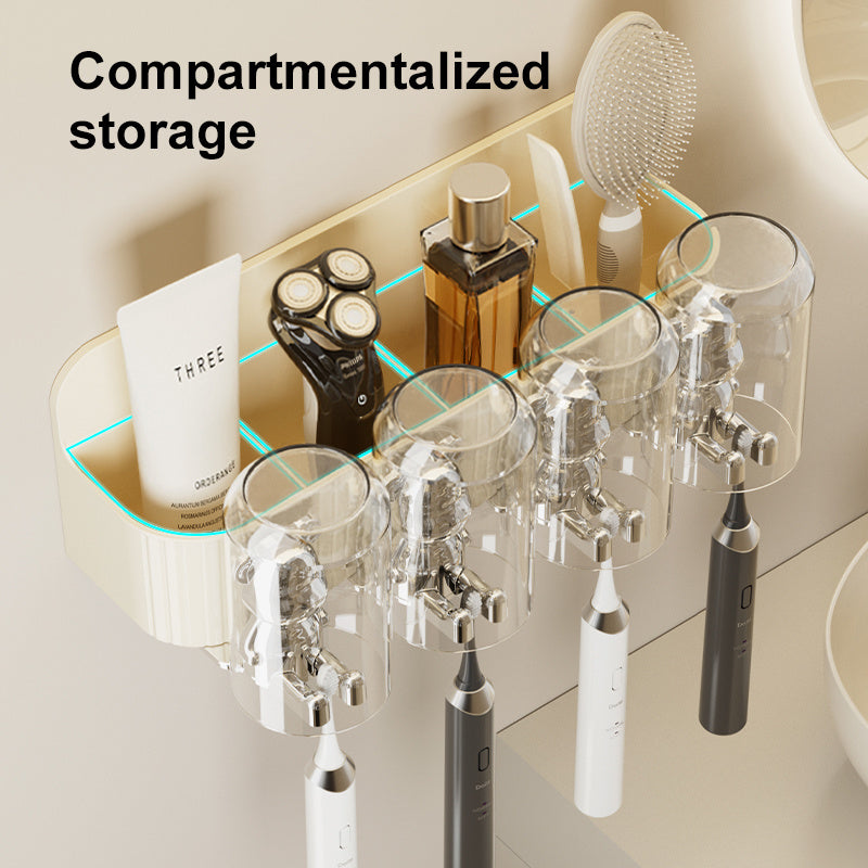 UFORU Bear Toothbrush Holder with Automatic Toothpaste Dispenser & Mouthwash Cup Rack - No Drill Adhesive Wall-Mounted Bathroom Organizer, Punch-Free Installation, Cute ' Hygiene Storage (Plastic)