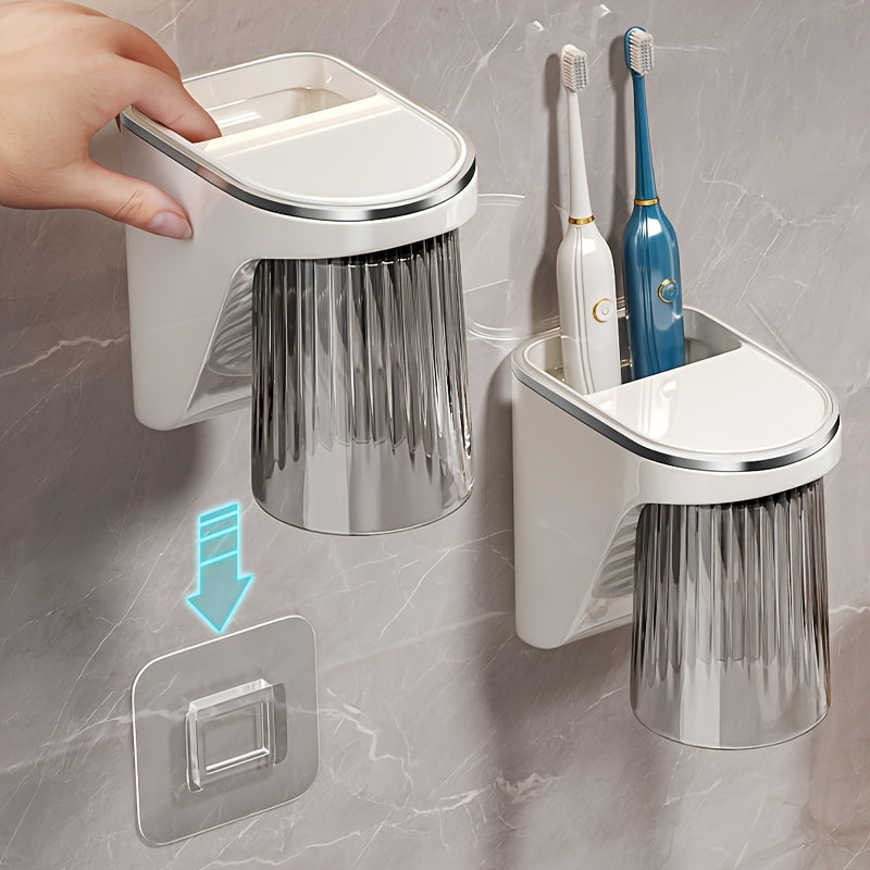 Magnetic Toothbrush Holder Magnetic Wall-Mounted Toothbrush and Toothpaste Holder with Rinse Cup - No Drilling Required, Ideal for Bathroom Organization, Plastic Construction