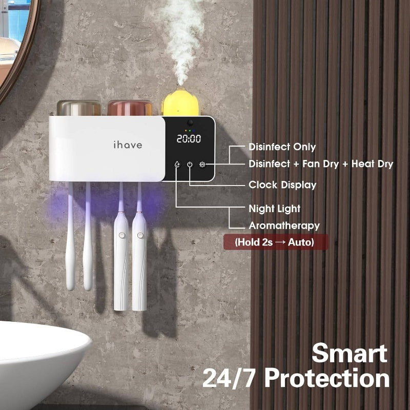 Wall-Mounted Toothbrush Holder with & IR Night Light - 4-Hour Disinfection, UV-Free for \u002FSensitive Light Beige, 2-Cup Bathroom Organizer, Suction Cup\u002FDual Mount, Plug-in (Global Voltage) - Drying Rack Combo Accessory