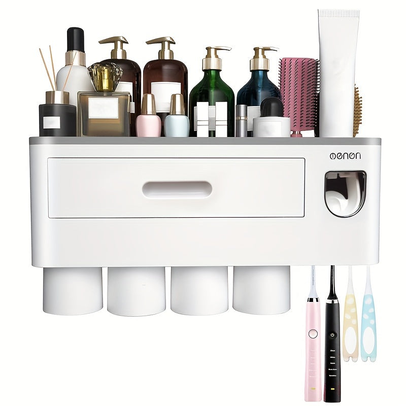 Wall-Mounted Toothbrush Holder with 4 Cups, Large Capacity Tray & 2 Cosmetic Drawers - Includes Toothpaste Dispenser - Space-Saving Bathroom Organizer Set