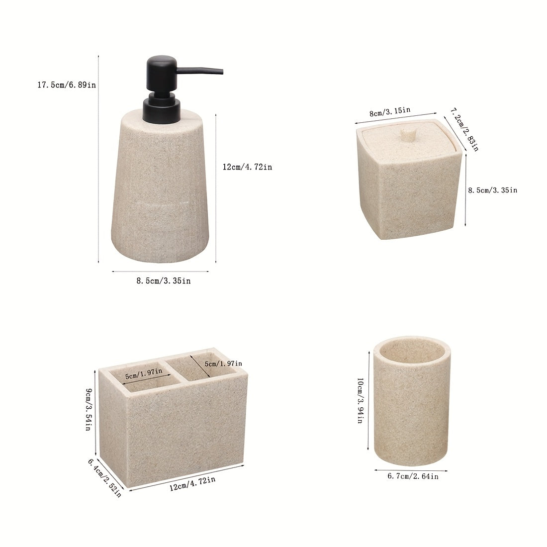 Bathroom Supplies Organizer • Including Lotion Dispensers • Toothbrush Cups • Storage Boxes for Swabs • Toothbrushes • Toothpaste • Combs • And Hand Soap Containers