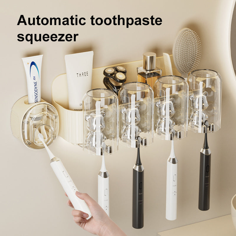 UFORU Bear Toothbrush Holder with Automatic Toothpaste Dispenser & Mouthwash Cup Rack - No Drill Adhesive Wall-Mounted Bathroom Organizer, Punch-Free Installation, Cute ' Hygiene Storage (Plastic)