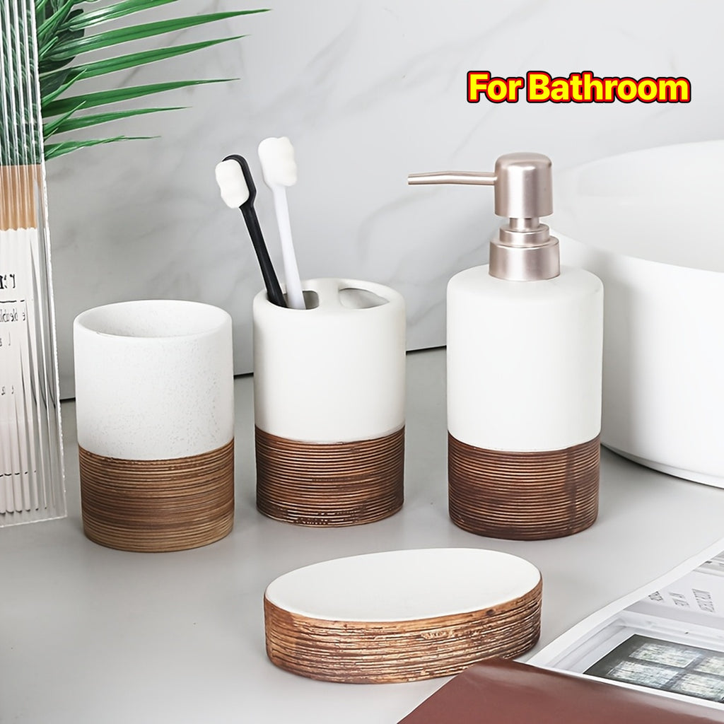 A Set of 4 Ceramic Bathroom Additions, Including a Lotion Dispenser, Soap Dish, Mouthwash Cup, And Toothbrush Holder for Home And Hotel Decoration