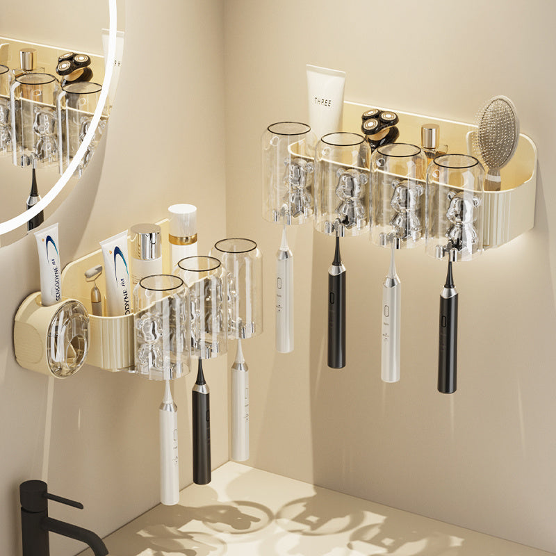 UFORU Bear Toothbrush Holder with Automatic Toothpaste Dispenser & Mouthwash Cup Rack - No Drill Adhesive Wall-Mounted Bathroom Organizer, Punch-Free Installation, Cute ' Hygiene Storage (Plastic)