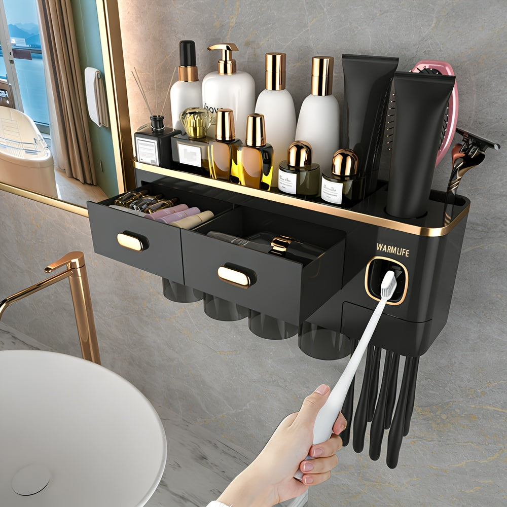Toothbrush Holders For Bathrooms - Upgrade Wall Mounted Toothbrush Holder With Toothpaste Dispenser - 2\u002F3\u002F4 Cups, Large Capacity Tray, Cosmetic Drawer - Bathroom Decor & Bathroom Accessories