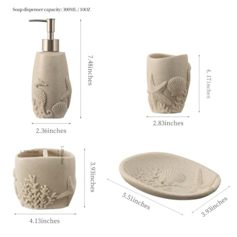 Bathroom Accessories Set 6 PCS Bathroom Accessory Sets with 3pcs Soap Dispenser Toothbrush Holder Tumbler Soap Dish Bathroom Countertop Organizer Sea Bathroom Decor Beige