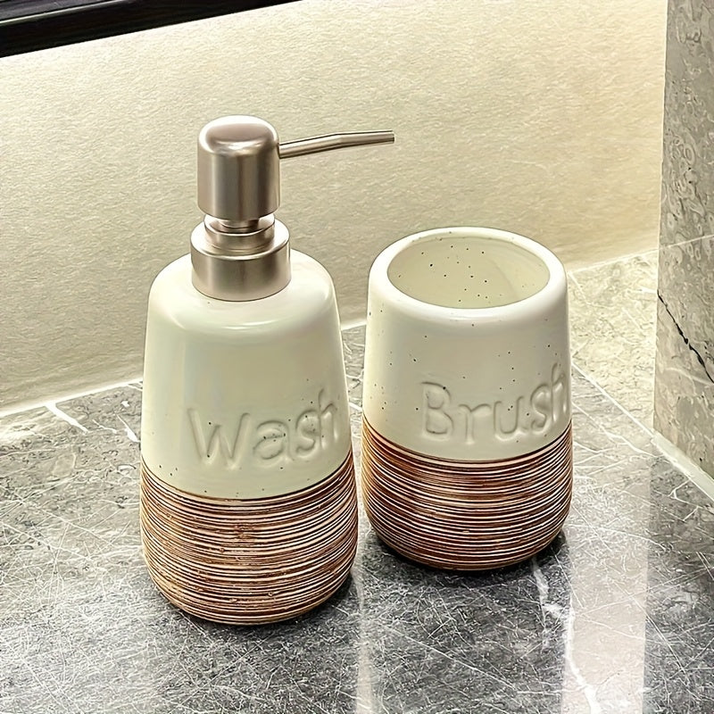 Bathroom Organization and Storage Set: Minimalist Ceramic Soap Dispenser, Smooth Porcelain Toothbrush Cup, Hotel Toilet Shampoo & Shower Gel Empty Bottles, Ceramic Press-Type Hand Soap Dispenser, Printed Brushed Ceramic Toothbrush Cup, Non-Slip