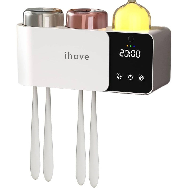 Wall-Mounted Toothbrush Holder with & IR Night Light - 4-Hour Disinfection, UV-Free for \u002FSensitive Light Beige, 2-Cup Bathroom Organizer, Suction Cup\u002FDual Mount, Plug-in (Global Voltage) - Drying Rack Combo Accessory