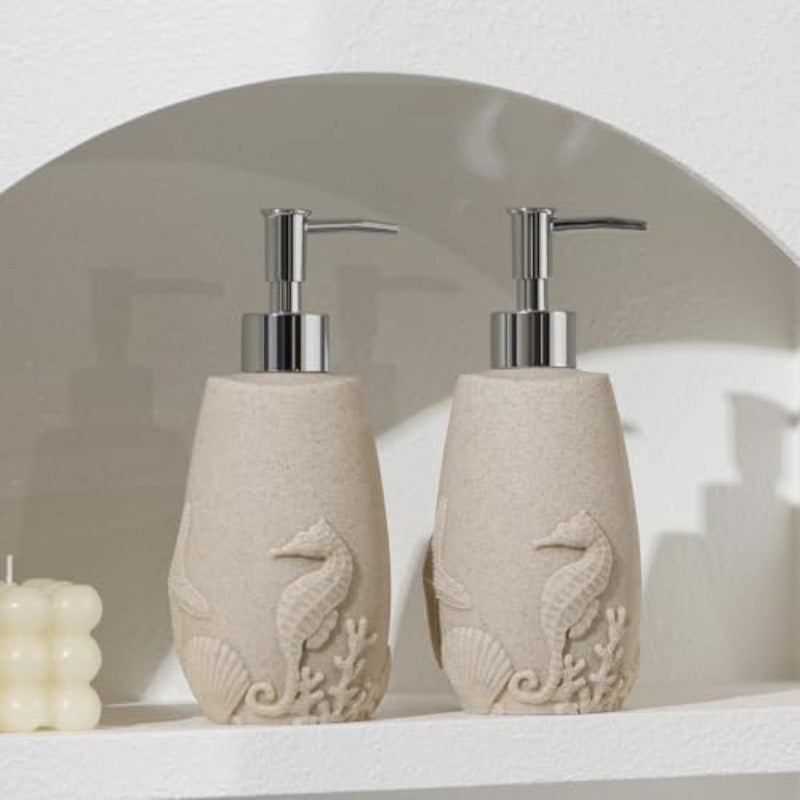 Bathroom Accessories Set 6 PCS Bathroom Accessory Sets with 3pcs Soap Dispenser Toothbrush Holder Tumbler Soap Dish Bathroom Countertop Organizer Sea Bathroom Decor Beige